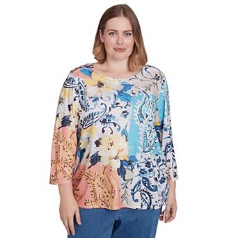 Plus Size Alfred Dunner Floral Patch Drawstring Ruched Top