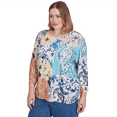 Plus Size Alfred Dunner Floral Patch Drawstring Ruched Top
