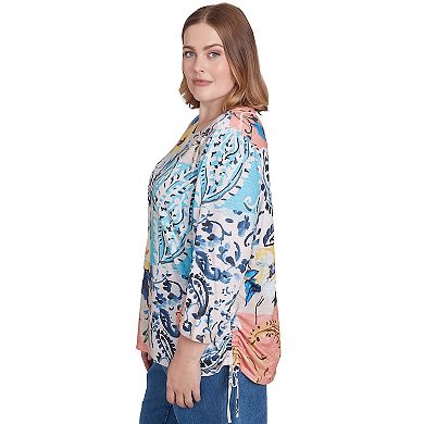 Plus Size Alfred Dunner Floral Patch Drawstring Ruched Top