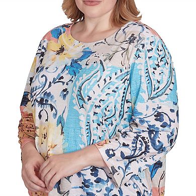 Plus Size Alfred Dunner Floral Patch Drawstring Ruched Top