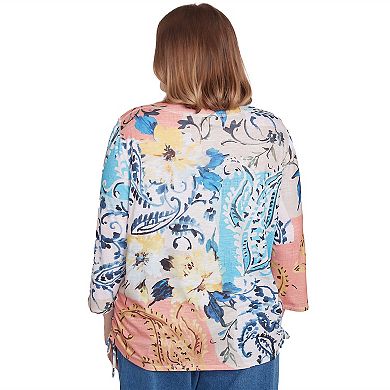 Plus Size Alfred Dunner Floral Patch Drawstring Ruched Top
