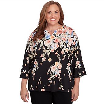 Plus Size Alfred Dunner Falling Flower Beaded Split Neck Top