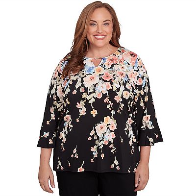 Plus Size Alfred Dunner Falling Flower Beaded Split Neck Top