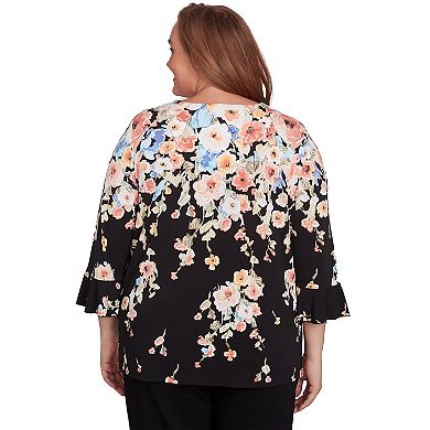 Plus Size Alfred Dunner Falling Flower Beaded Split Neck Top