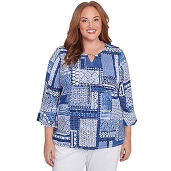 Plus Size Alfred Dunner Beaded Splitneck Patchwork Top