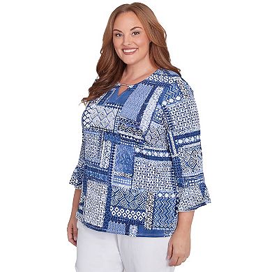 Plus Size Alfred Dunner Beaded Splitneck Patchwork Top