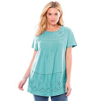 Woman Within Plus Size Embroidered Eyelet Pintucked Tunic