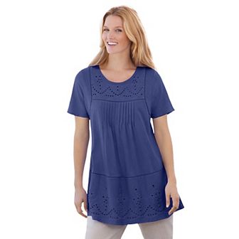 Woman Within Plus Size Embroidered Eyelet Pintucked Tunic