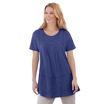 Woman Within Plus Size Embroidered Eyelet Pintucked Tunic