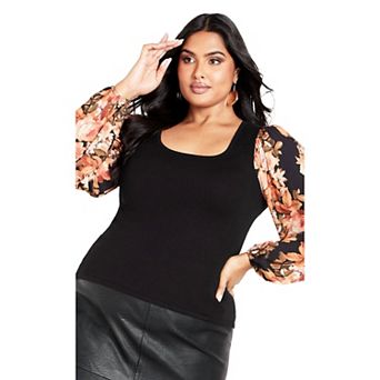 Avenue Women's Plus Size May Contrast Floral Sleeve Sweater