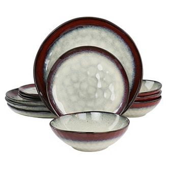 Elama Samara 12 pc Stoneware Dinnerware Set in Red and Off White