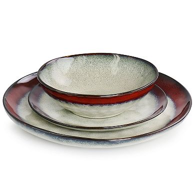 Elama Samara 12 Piece Stoneware Dinnerware Set in Red and Off White