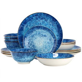 Elama Oceanus 16 pc Porcelain Double Bowl Dinnerware Set in Blue