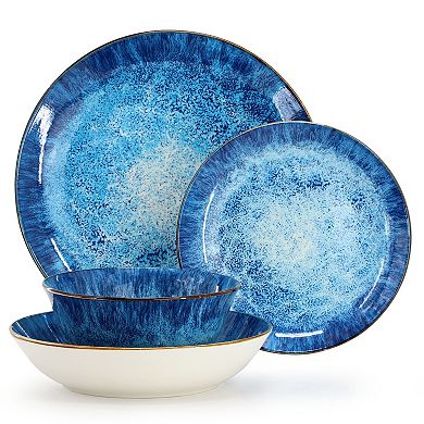 Elama Oceanus 16 Piece Porcelain Double Bowl Dinnerware Set in Blue