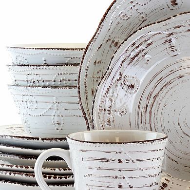 Elama Rustic Birch 16 Piece Stoneware Round Dinnerware Set in White