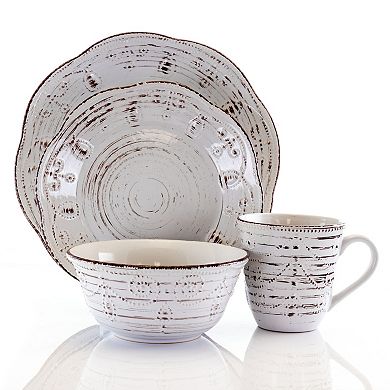 Elama Rustic Birch 16 Piece Stoneware Round Dinnerware Set in White