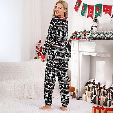 Christmas Pajamas for Women Front Zipper Round Neck Jumpsuit Fleece-Lined Matching Jammies