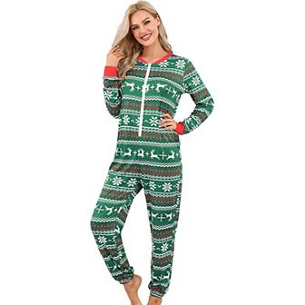 Christmas Pajamas for Women Front Zipper Round Neck Jumpsuit Fleece-Lined Matching Jammies