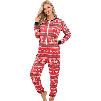 Christmas Pajamas for Women Front Zipper Round Neck Jumpsuit Fleece-Lined Matching Jammies