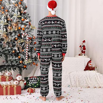 Christmas Pajamas for Men Front Zipper Round Neck Jumpsuit Fleece-Lined Matching Jammies
