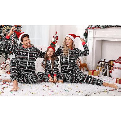 Christmas Pajamas for Men Front Zipper Round Neck Jumpsuit Fleece-Lined Matching Jammies