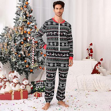 Christmas Pajamas for Men Front Zipper Round Neck Jumpsuit Fleece-Lined Matching Jammies