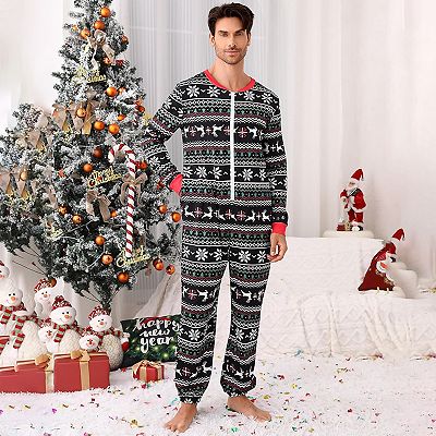 Christmas Pajamas for Men Front Zipper Round Neck Jumpsuit Fleece Lined Matching Jammies