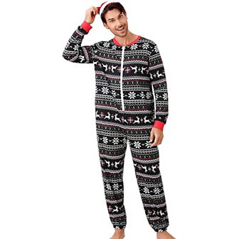 Christmas Pajamas for Men Front Zipper Round Neck Jumpsuit Fleece-Lined Matching Jammies
