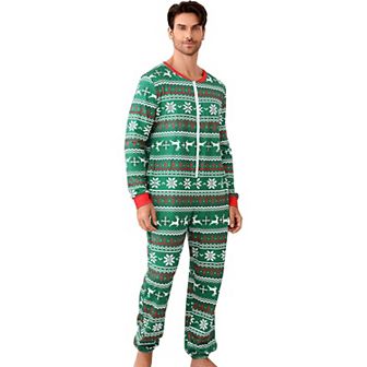 Christmas Pajamas for Men Front Zipper Round Neck Jumpsuit Fleece-Lined Matching Jammies
