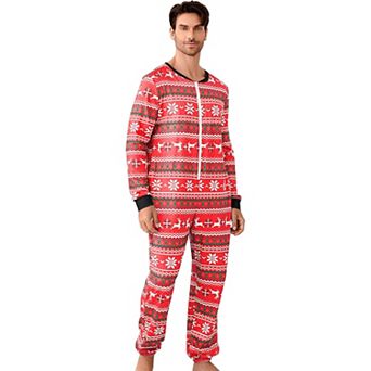 Christmas Pajamas for Men Front Zipper Round Neck Jumpsuit Fleece-Lined Matching Jammies