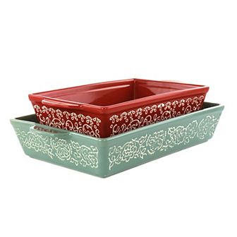 Laurie Gates 2 pc Tierra Wax Relief Stoneware Baker Set in Red and Mint