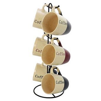 Elama Coffee House 6 pc 12 oz. Mug Set with Stand, Assorted Colors