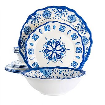 Elama Blue Garden 12 pc Scalloped Lightweight Melamine Dinnerware Set in Blue