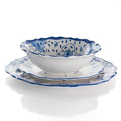 Elama Blue Garden 12 Piece Scalloped Lightweight Melamine Dinnerware Set in Blue