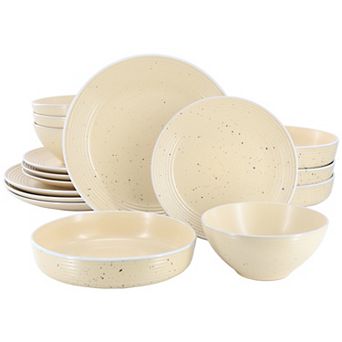 Elama Emilia 16 pc Double Bowl Stoneware Dinnerware Set in Cream Yellow