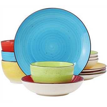 Elama Mason 12 pc Double Bowl Stoneware Dinnerware Set in Assorted Colors