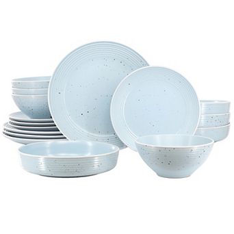 Elama Emilia 16 pc Double Bowl Stoneware Dinnerware Set in Light Blue