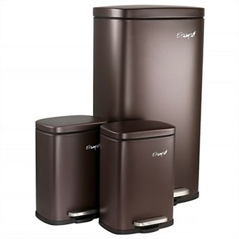 Elama 3 pc 8 Gallon and 1.3 Gallon Stainless Steel Step Trash Bin Combo Set Matte Bronze