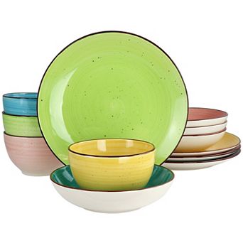 Elama Hudson 12 pc Double Bowl Stoneware Dinnerware Set in Assorted Colors