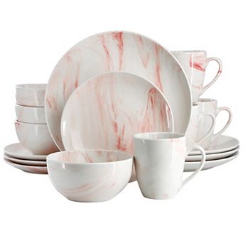 Elama Fine Marble 16 pc Porcelain Dinnerware Set in Red