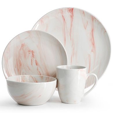 Elama Fine Marble 16 Piece Porcelain Dinnerware Set in Red