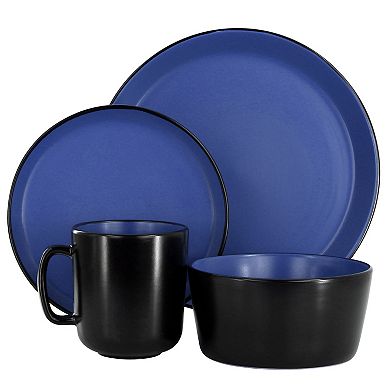 Elama Bacarra 16 Piece Stoneware Dinnerware Set in Two Tone Black and Blue