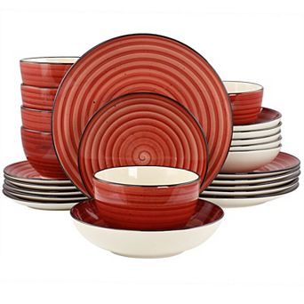 Elama Gia 24 pc Round Stoneware Dinnerware Set in Red