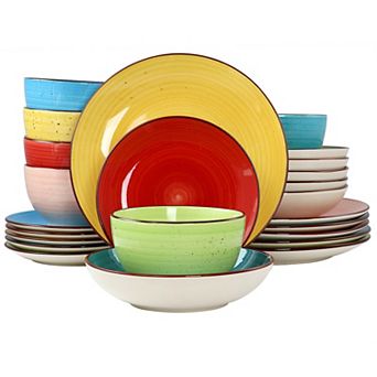 Elama Sebastian 24 pc Double Bowl Stoneware Dinnerware Set in Assorted Colors