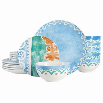 Spice by Tia Mowry Savory Saffron 18 pc Round Fine Ceramic Dinnerware Set in Golden Blue