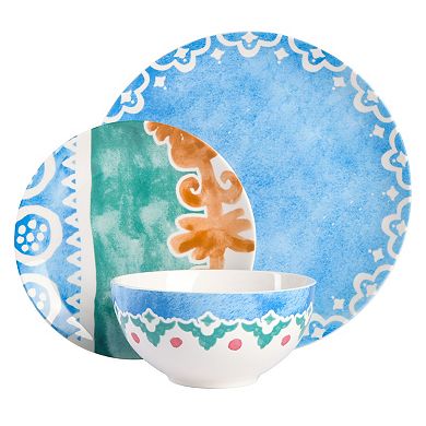 Spice by Tia Mowry Savory Saffron 18 Piece Round Fine Ceramic Dinnerware Set in Golden Blue