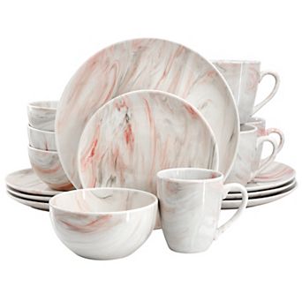 Elama Fine Marble 16 pc Porcelain Dinnerware Set in Red and Gray