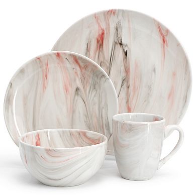 Elama Fine Marble 16 Piece Porcelain Dinnerware Set in Red and Gray