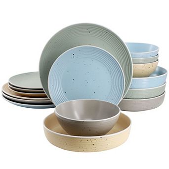 Elama Emilia 16 pc Assorted Double Bowl Stoneware Dinnerware Set in Speckled Multi-Color