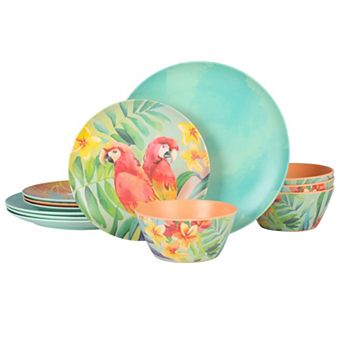 Laurie Gates Tropical Parrots 12 pc Melamine Dinnerware Set in Assorted Designs